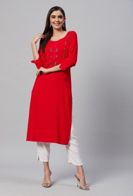 Highlight fashion export Women Embroidered Straight Kurta(Red)
