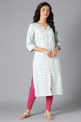 W Women Printed Straight Kurta(Light Blue)