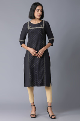 W Women Printed Straight Kurta(Black)