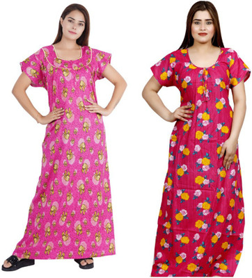 NACNO Women Nighty Set(Pink, Yellow)