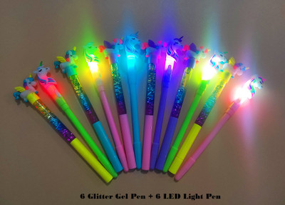 poksi unicorn theme magic wand glitter filled + led light Gel Pen(Pack of 12, Ink Color - Blue)