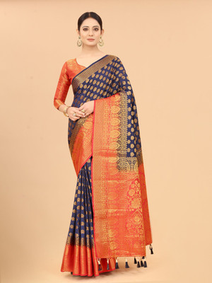 DHRUTI TEXTILES Self Design Banarasi Cotton Silk Saree(Dark Blue)