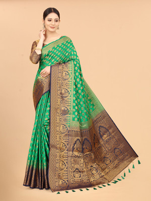 DHRUTI TEXTILES Self Design Banarasi Cotton Silk Saree(Green)