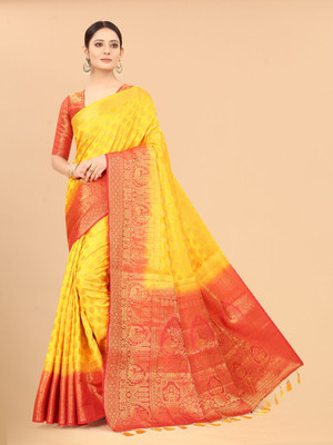 DHRUTI TEXTILES Self Design Banarasi Cotton Silk Saree(Orange)