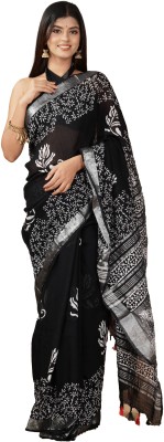 ryla Printed Bollywood Cotton Linen Saree(Black)