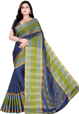 3Buddy Fashion Self Design, Checkered Bollywood Cotton Blend, Cotton Silk Saree(Blue)