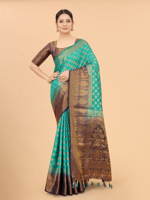 DHRUVIL TEXTILES Self Design Banarasi Cotton Silk Saree(Green)