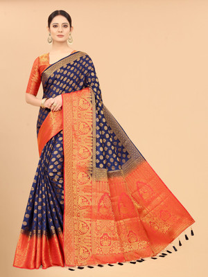 DHRUTI TEXTILES Self Design Banarasi Cotton Silk Saree(Dark Blue)