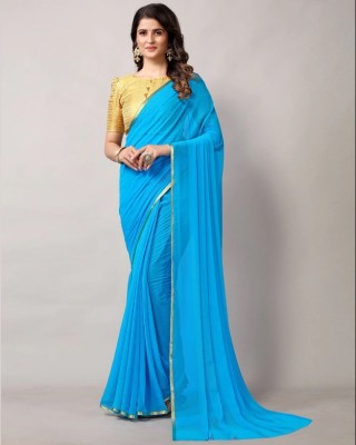 JiproStore Solid/Plain Bollywood Chiffon Saree(Light Blue)