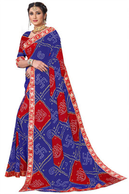 Kanooda Prints Printed Bandhani Georgette Saree(Dark Blue)