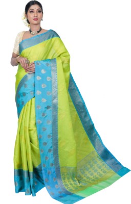 creative impression Woven Banarasi Handloom Art Silk, Chanderi Saree(Light Blue, Silver, Green, Yellow)