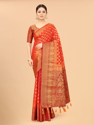DHRUVIL TEXTILES Self Design Kanjivaram Cotton Silk Saree(Orange)