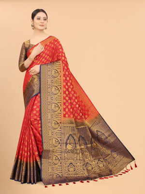 DHRUTI TEXTILES Self Design Banarasi Cotton Silk Saree(Red)