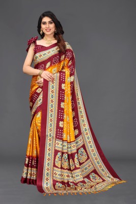 sareya veela Printed Bandhani Silk Blend, Art Silk Saree(Maroon, Yellow)