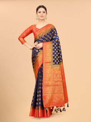 Shopwell Self Design Kanjivaram Cotton Silk Saree(Dark Blue)