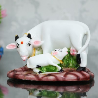 eCraftIndia Polyresin Colorful Cow and Calf Statue Decorative Showpiece  -  7.62 cm(Polyresin, White, Green)