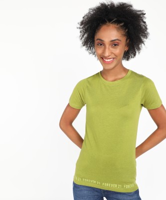 FOREVER 21 Solid Women Round Neck Green T-Shirt