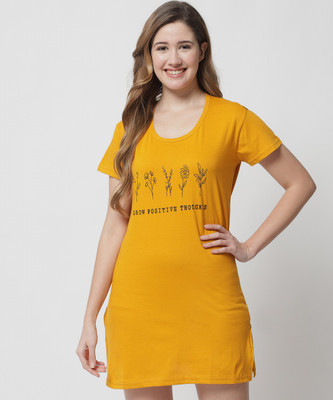 Fit N Fame Printed Women Round Neck Yellow T-Shirt