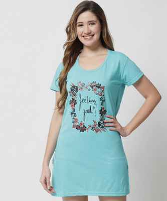Fit N Fame Printed Women Round Neck Light Blue T-Shirt