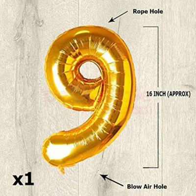 shribalaji Solid High Quality Foil balloon 16 Inch 9th/Ninth Number For Party Decoration Balloon(Gold, Pack of 1)