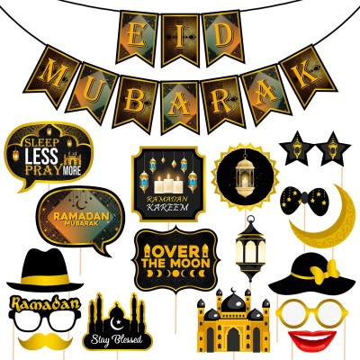 ZYOZI Eid Mubarak Photo Booth Props with Eid Mubarak Banner for Eid Party (Pack of 20)(Set of 18)