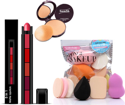 SumSh 5 Matte Finish 5 in 1 Lipstick 7.5gm, Compact Powder, Sponge and Makeup Puff(3 Items in the set)