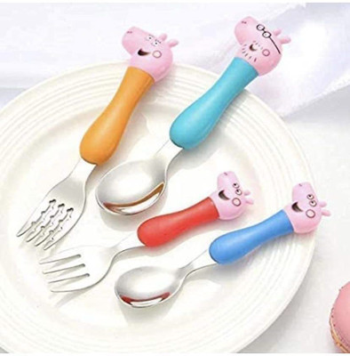 Bless Kraft Feeding Spoon and Fork Cutlery Peppa Pig Family Theme Set of 4, Multicolor Stainless Steel Cutlery Set(Pack of 1)