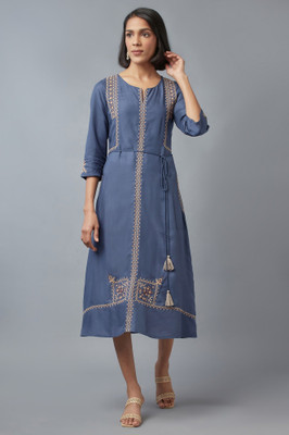 W Women A-line Dark Blue Below Knee Dress