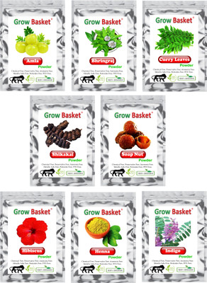 Grow Basket Amla/Bhringraj/Curry Leaf/Hibiscus/Indigo/Henna/Shikakai/SoapNut Powder 50g Each(400 g)