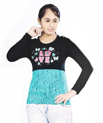 Vinson Girls Casual Cotton Blend Top(Black, Pack of 1)