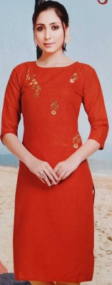 scope creations Women Embroidered Straight Kurta(Orange)