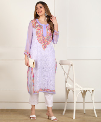 VAHSON Women Chikan Embroidery, Embroidered Straight Kurta(Purple)