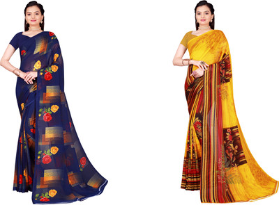Suali Printed Daily Wear Georgette Saree(Pack of 2, Dark Blue, Yellow)