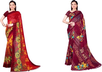 Saadhvi Floral Print Daily Wear Georgette Saree(Pack of 2, Magenta, Red)