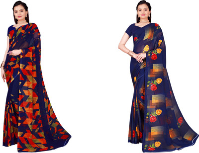 Suali Floral Print Daily Wear Georgette Saree(Pack of 2, Dark Blue)