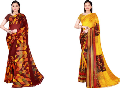 Suali Printed Daily Wear Georgette Saree(Pack of 2, Maroon, Yellow)