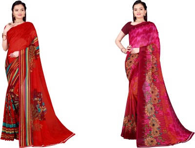 Saadhvi Floral Print Daily Wear Georgette Saree(Pack of 2, Red, Pink)