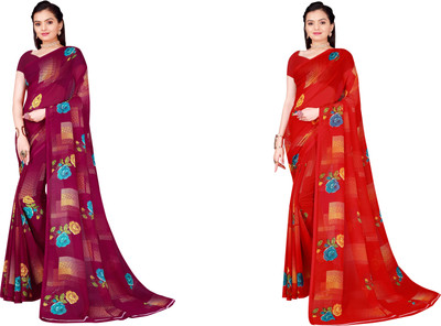 Suali Printed Daily Wear Georgette Saree(Pack of 2, Purple, Red)