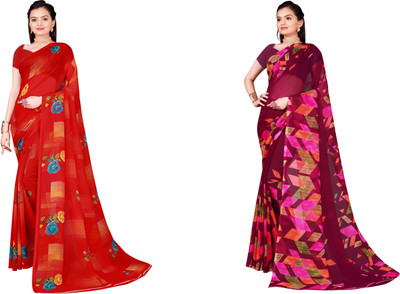 Suali Printed Daily Wear Georgette Saree(Pack of 2, Magenta, Red)