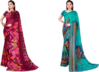 Saadhvi Floral Print Daily Wear Georgette Saree(Pack of 2, Green, Maroon)