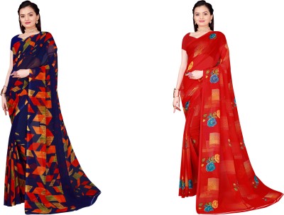 Saadhvi Floral Print Daily Wear Georgette Saree(Pack of 2, Dark Blue, Red)