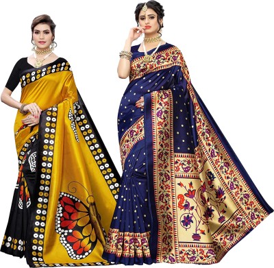 VIVA N DIVA Floral Print Daily Wear Silk Blend, Cotton Silk Saree(Pack of 2, Gold, Blue)