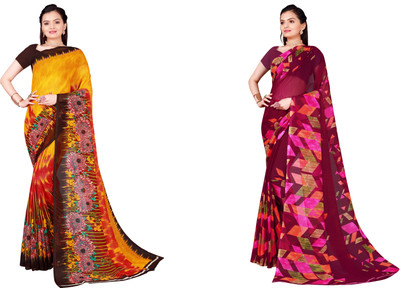 Suali Printed Daily Wear Georgette Saree(Pack of 2, Maroon, Yellow)