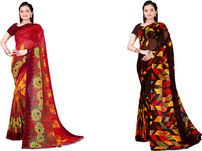 Suntex Geometric Print Bollywood Georgette Saree(Pack of 2, Green)