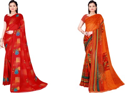 Saadhvi Floral Print Daily Wear Georgette Saree(Pack of 2, Red, Orange)