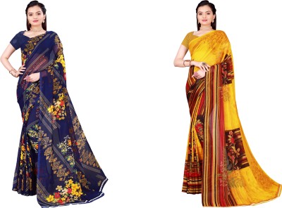 Saadhvi Printed Daily Wear Georgette Saree(Pack of 2, Dark Blue, Yellow)