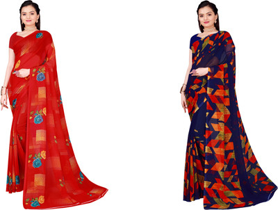 Suntex Floral Print Bollywood Georgette Saree(Pack of 2, Red, Blue)