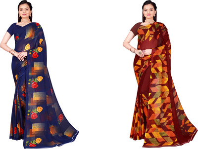 Suali Floral Print Daily Wear Georgette Saree(Pack of 2, Dark Blue, Maroon)