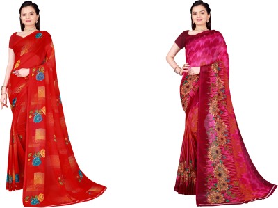 Saadhvi Floral Print Daily Wear Georgette Saree(Pack of 2, Red, Pink)