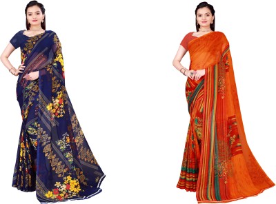 Saadhvi Floral Print Daily Wear Georgette Saree(Pack of 2, Blue, Orange)